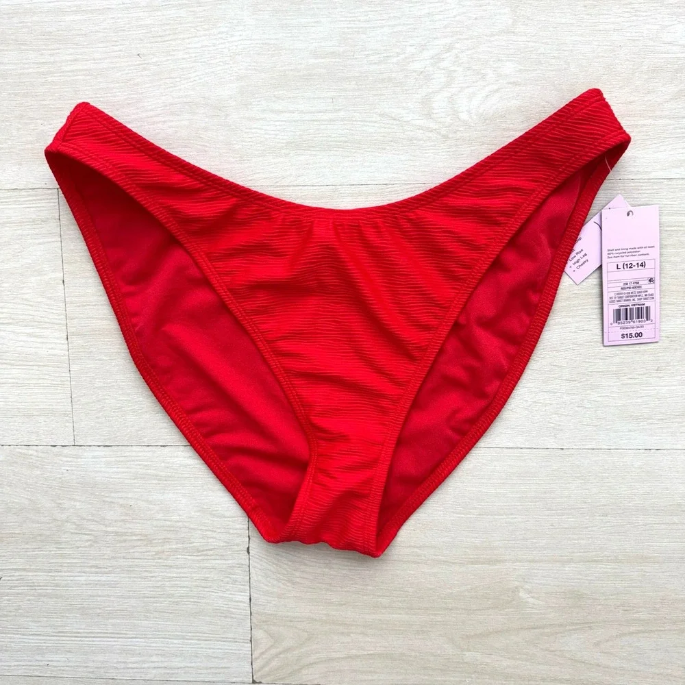Wild Fable Bikini Bottoms Womens L Red High Leg Scoop Waist Cheeky Textured NEW